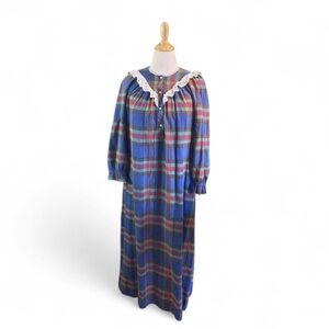 Vintage 90s American Eagle Flannel Nightgown XS Blue Red Plaid Cottagecore